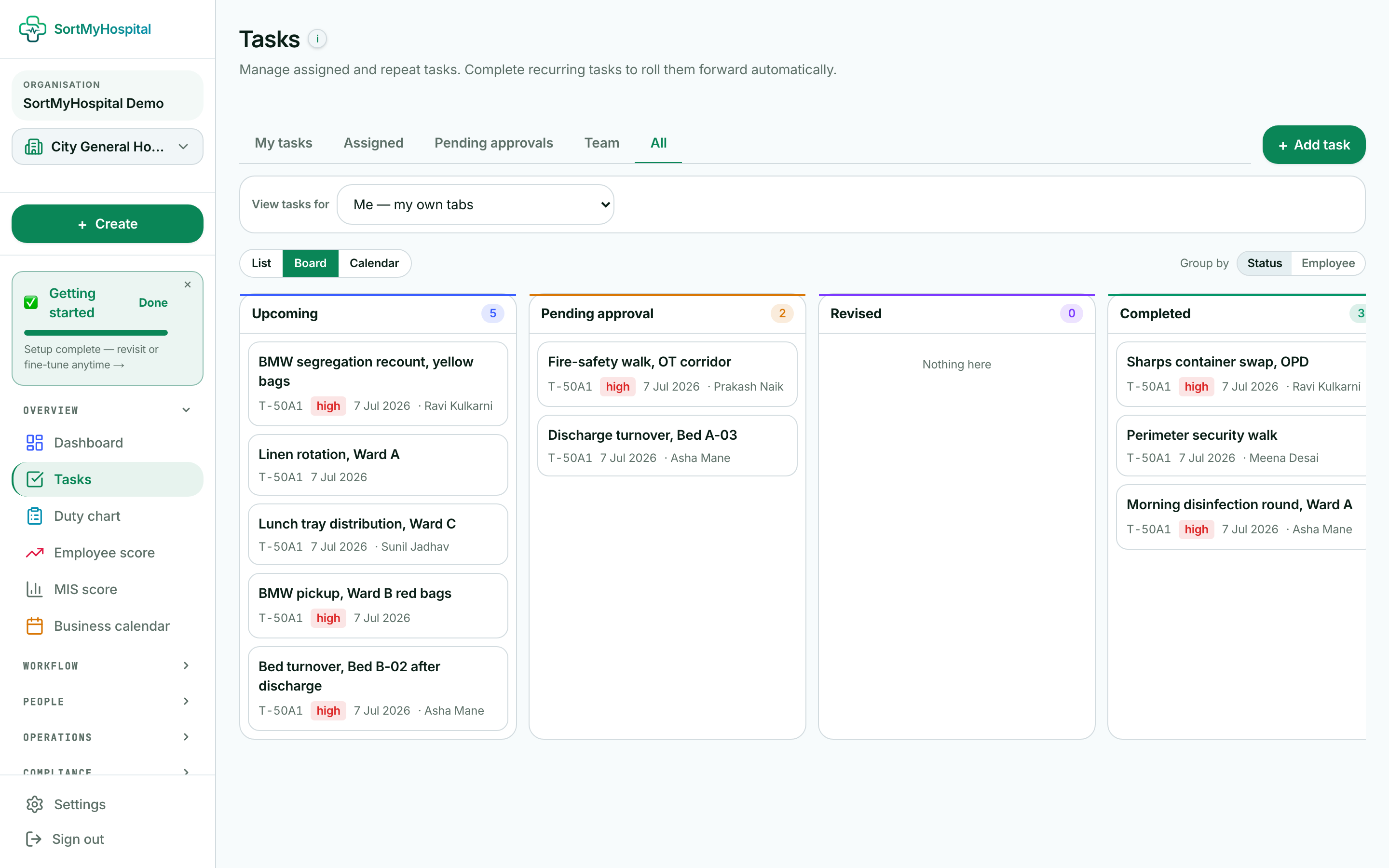 The real SortMyHospital task board for the demo hospital, live